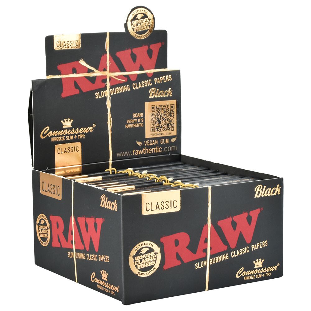 24CT DISPLAY - RAW Black Connoisseur Rolling Papers + Tips - Classic / 32pc / King Size Slim, BDD Wholesale