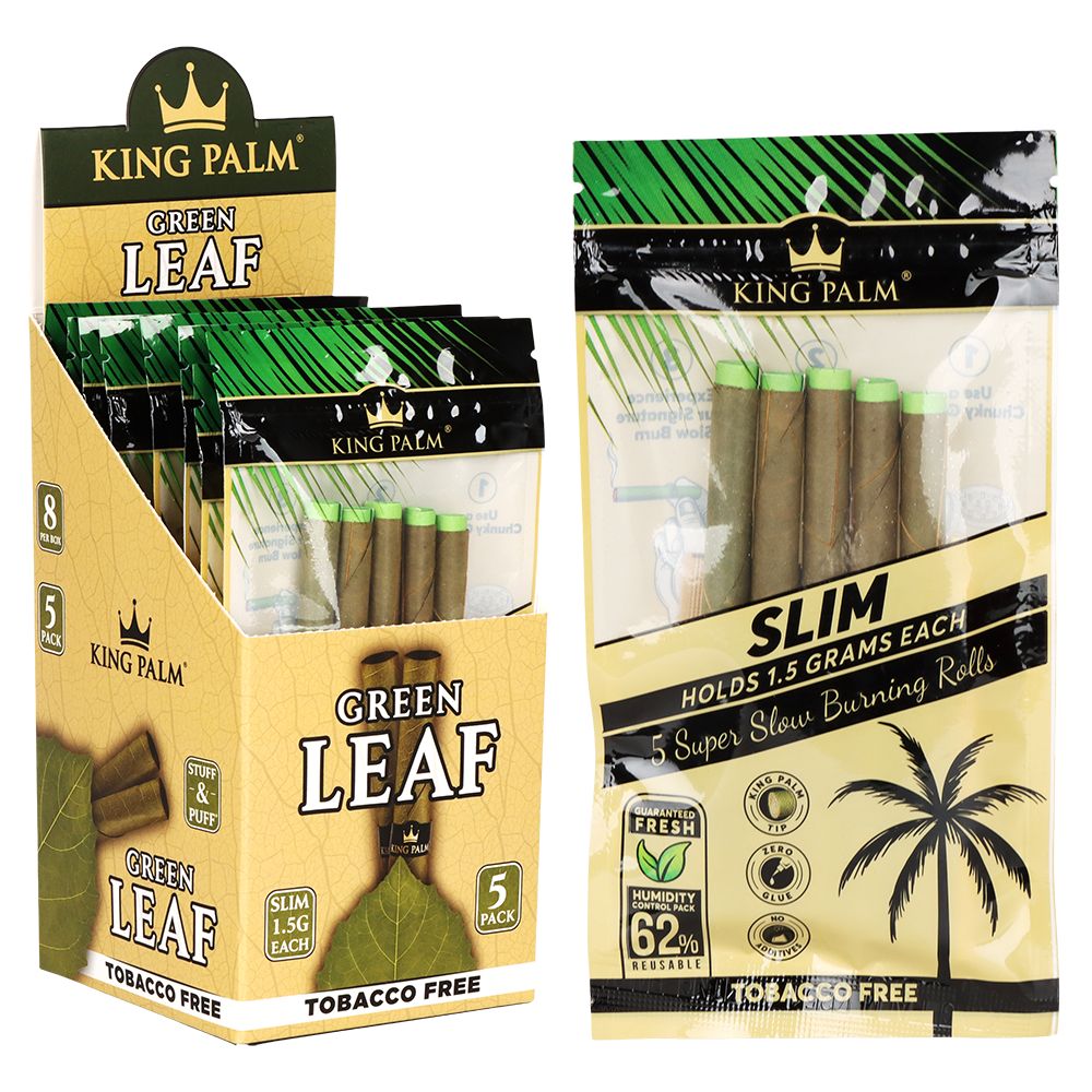 8CT DISPLAY - King Palm Green Leaf Pre-Roll Wraps - 5pc / Slim, BDD Wholesale
