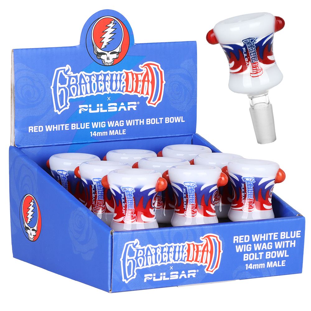 9CT DISPLAY - Grateful Dead x Pulsar Bolt Red White Blue Wig Wag Herb Slide - 14mm M, BDD Wholesale