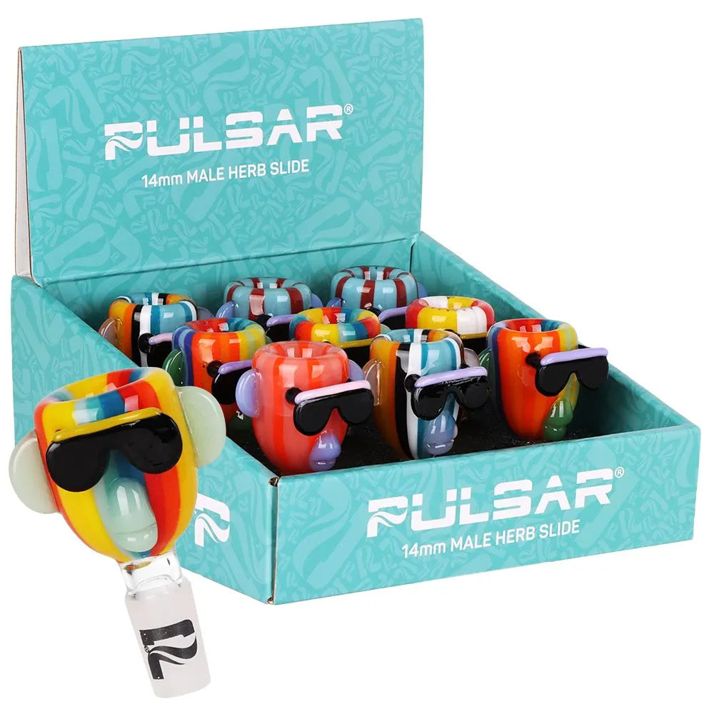 9CT DISPLAY - Pulsar Chill Rainbow Monkey Glass Herb Slide - 14mm M / Assorted Colors, BDD Wholesale