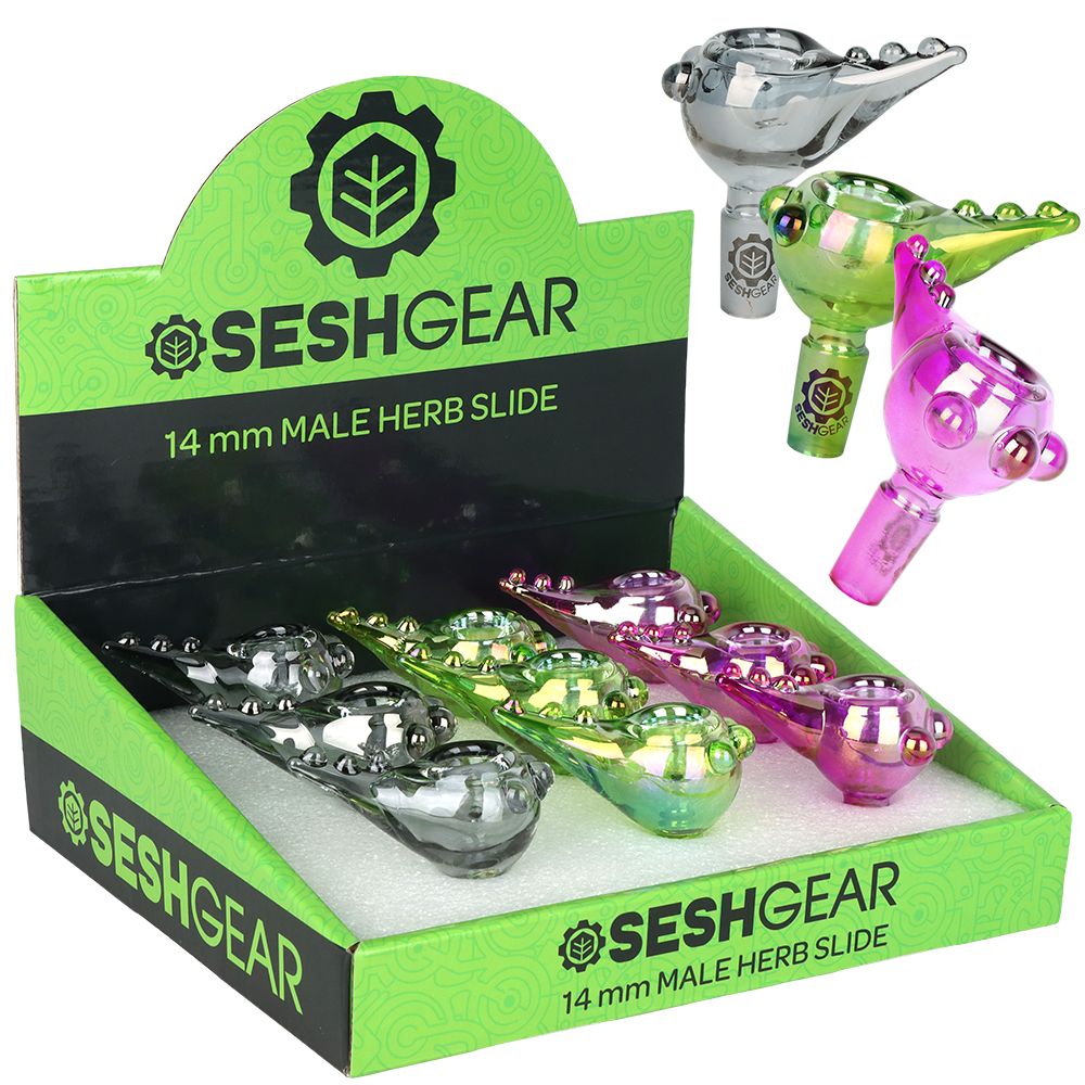 9CT DISPLAY - SeshGear Chromatic Pushed Bowl w Pulled Handle  - 14mm M / Assorted Colors, BDD Wholesale