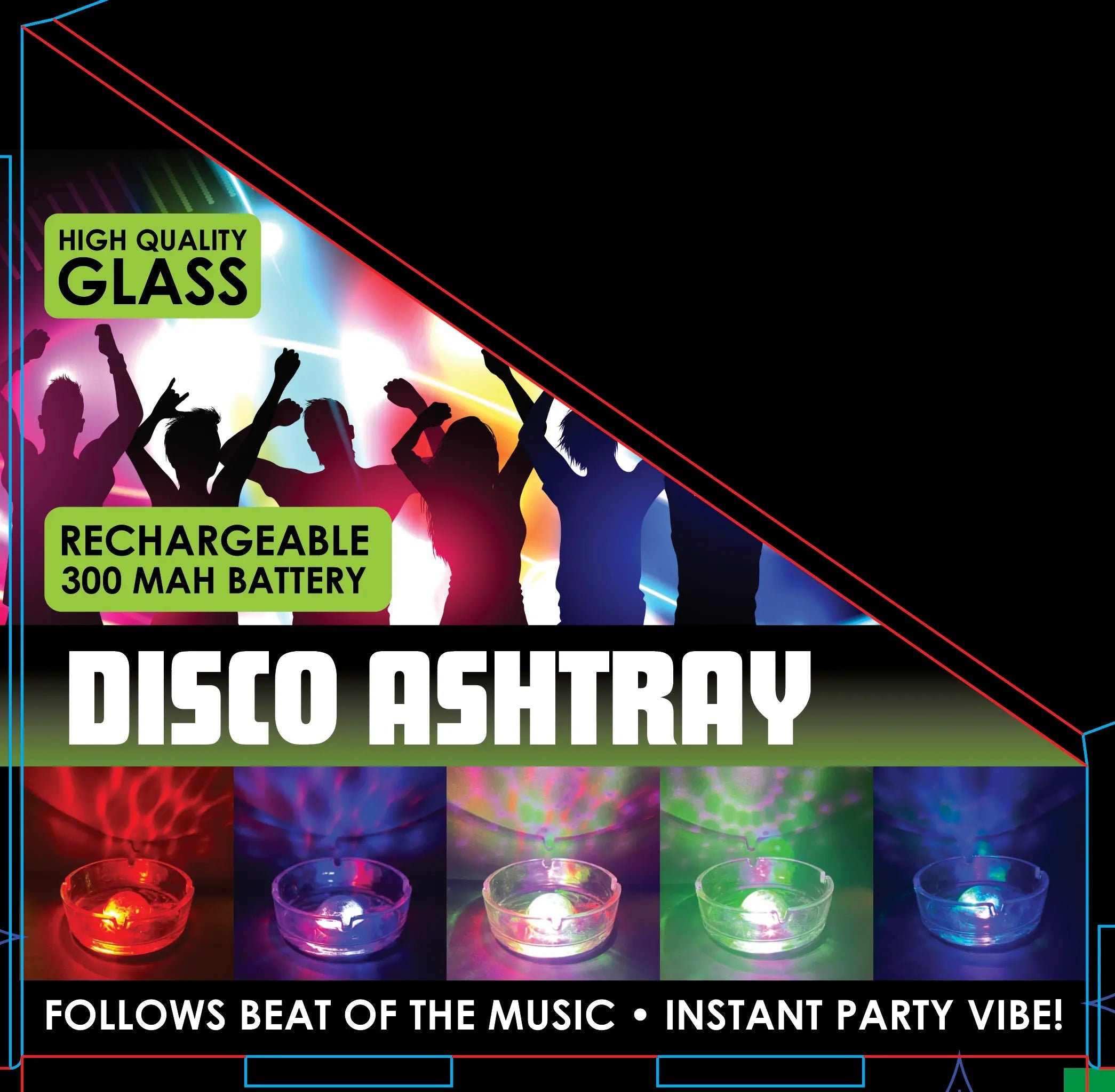 Disco Glass Ashtray with Sound Activated LED Lights - 6 Pieces Per Retail Ready Display 23743 SMOKEZILLA