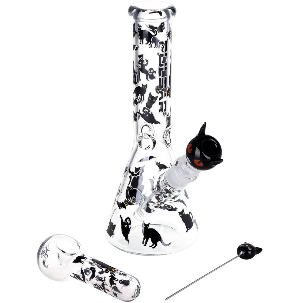 Pulsar Superstitious Kitty GLOW Glass Herb Pipe Duo - 9.75" / 14mm F, BDD Wholesale