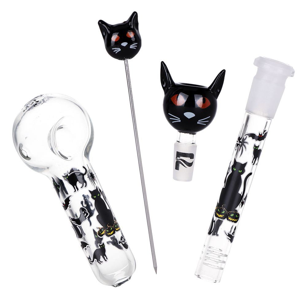 Pulsar Superstitious Kitty GLOW Glass Herb Pipe Duo - 9.75" / 14mm F, BDD Wholesale