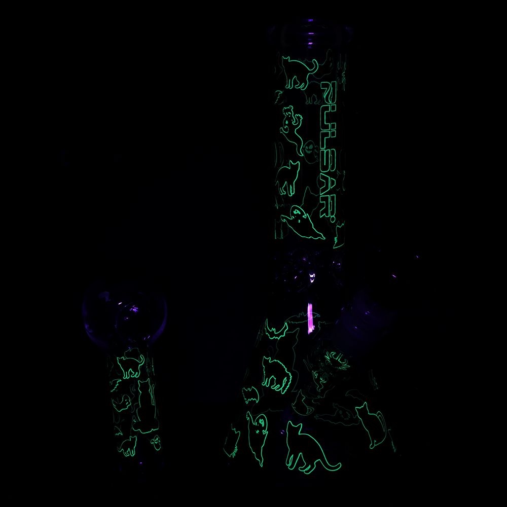Pulsar Superstitious Kitty GLOW Glass Herb Pipe Duo - 9.75" / 14mm F, BDD Wholesale