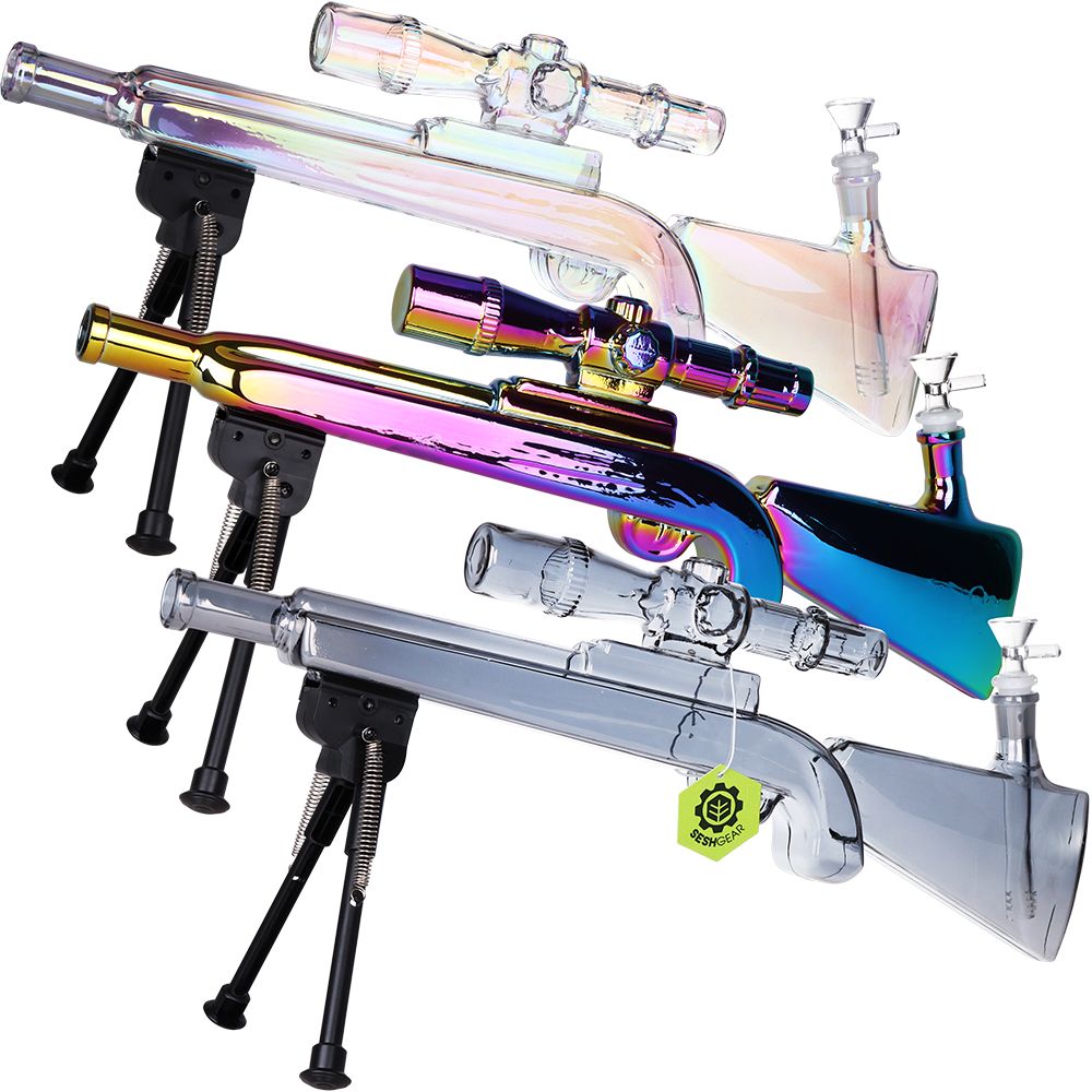 SeshGear Sniper Rifle Electroplated Glass Water Pipe w/ Stand - 19.75" / 14mm F / Clear, Smoke, Rainbow, BDD Wholesale