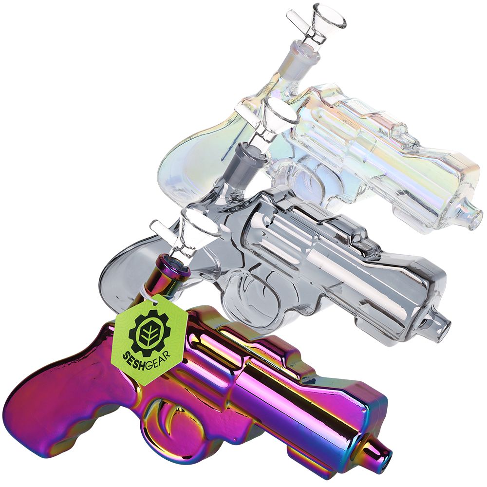 3CT BUNDLE - SeshGear Snub Nose Revolver Glass Water Pipe - 7.5" / 14mm F / Clear, smoke, electroplated, BDD Wholesale