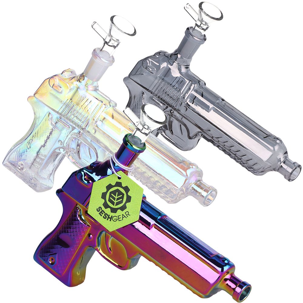 3CT BUNDLE - SeshGear Semi Auto Hand Gun Glass Water Pipe - 7.75" / 14mm F / Clear, Smoke, Electroplated, BDD Wholesale