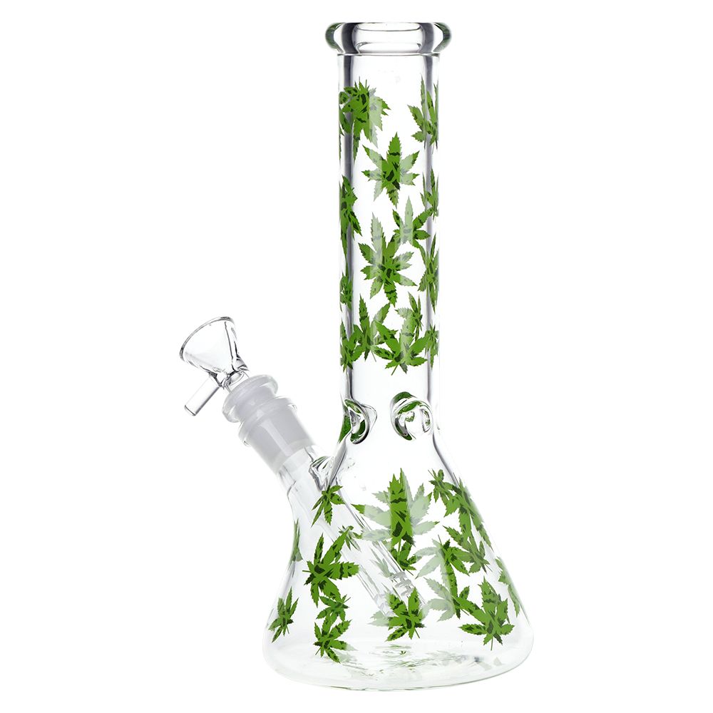 SeshGear Green Leaf Beaker Glass Water Pipe - 9.75" / 14mm F, BDD Wholesale