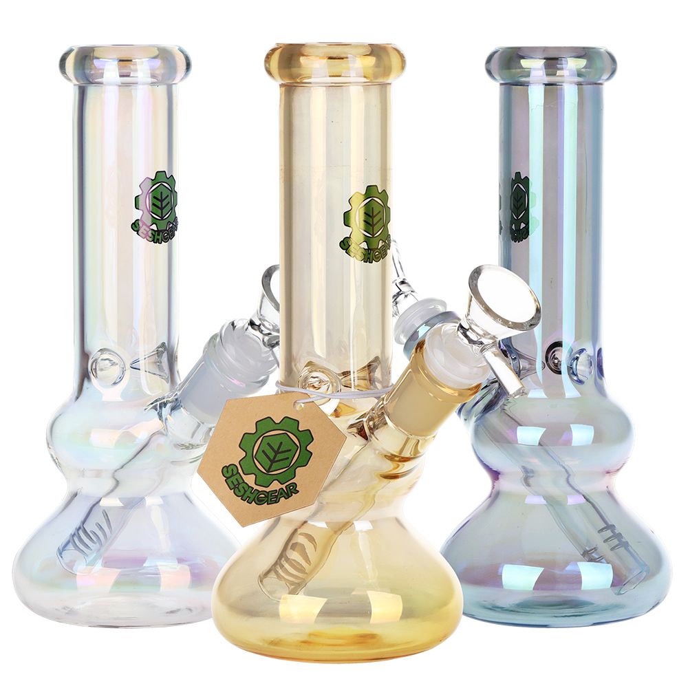 SeshGear Double Bubble Electroplated Glass Water Pipe - 8" / 14mm F / Colors Vary, BDD Wholesale
