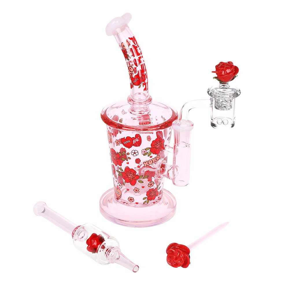 Pulsar Valentine's Rose Glass Dab Rig Set - 8.25" / 14mm F, BDD Wholesale