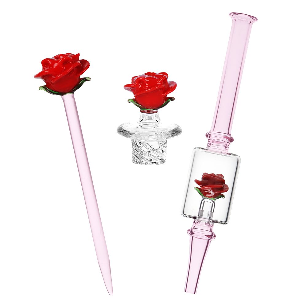 Pulsar Valentine's Rose Glass Dab Rig Set - 8.25" / 14mm F, BDD Wholesale